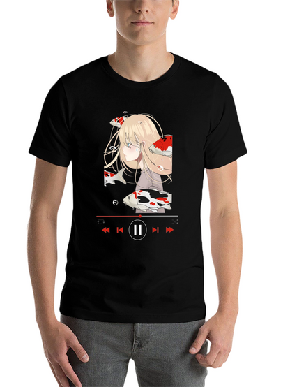 Anime Girl Koi Fish Music Player Black T-Shirt