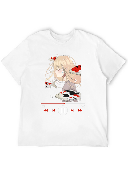 Anime Girl Koi Fish Music Player Black T-Shirt
