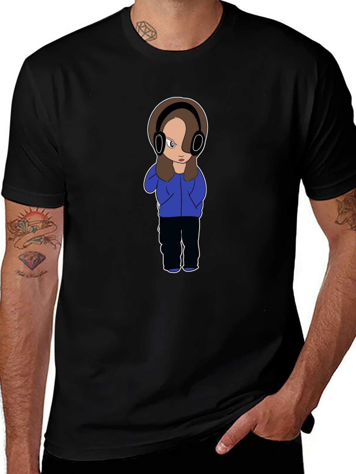 Cartoon Girl with Headphones Graphic T-Shirt