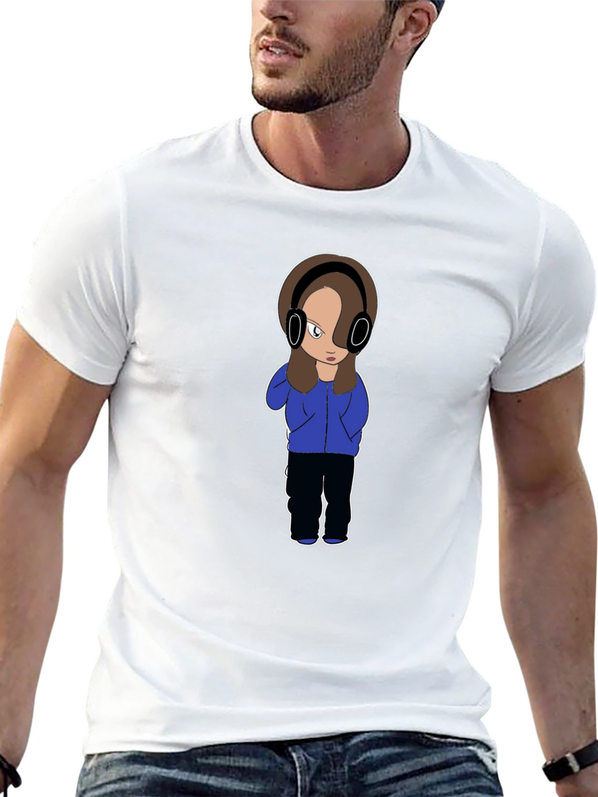 Cartoon Girl with Headphones Graphic T-Shirt