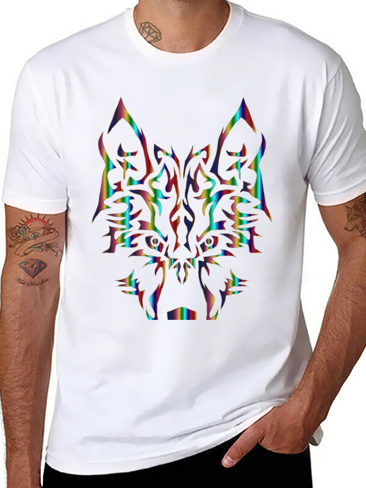 Rainbow Wolf Graphic Tee - Black Cotton Shirt