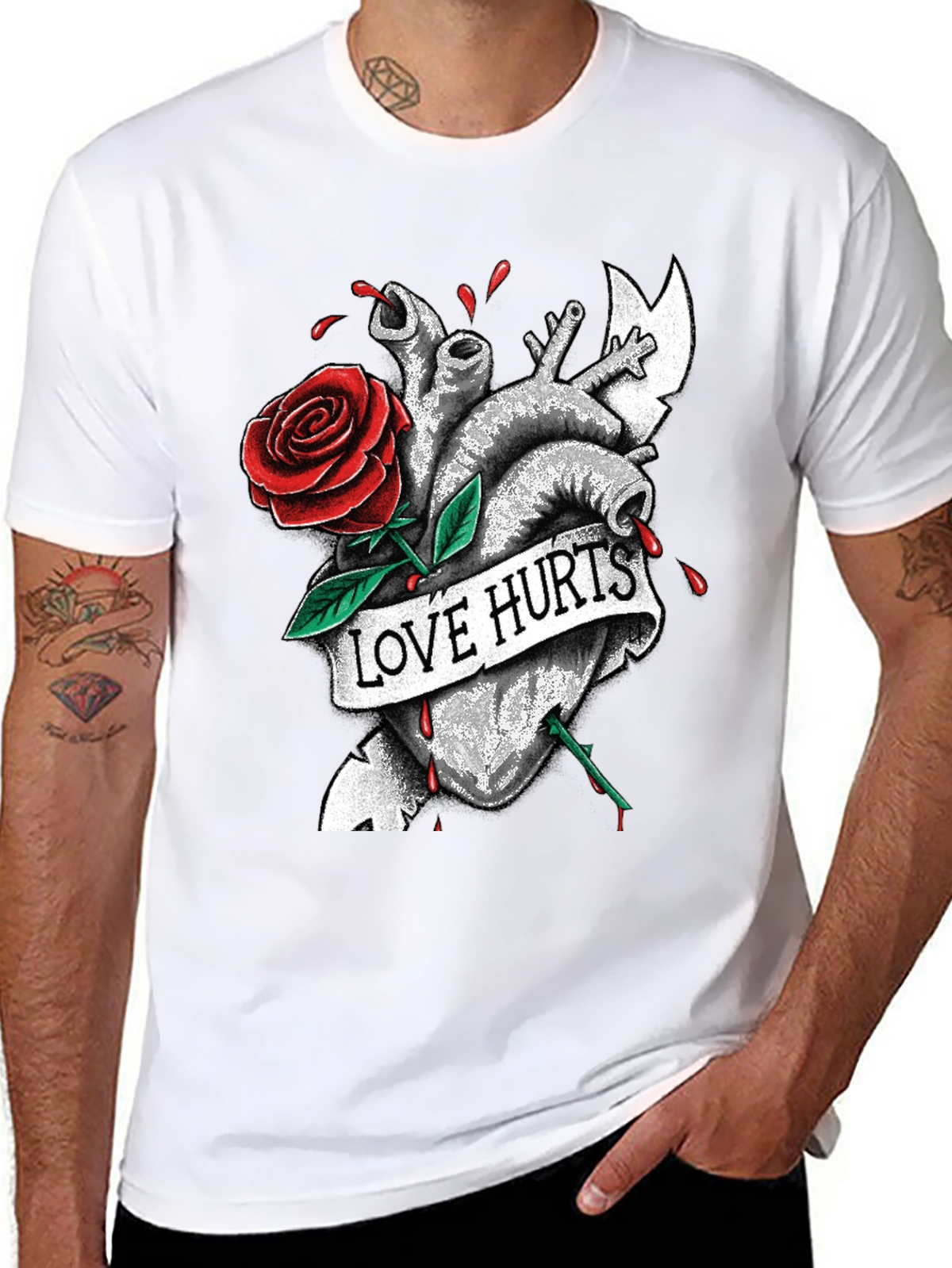 Love Hurts Heart & Rose Graphic T-Shirt