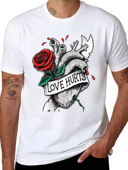 Love Hurts Heart & Rose Graphic T-Shirt