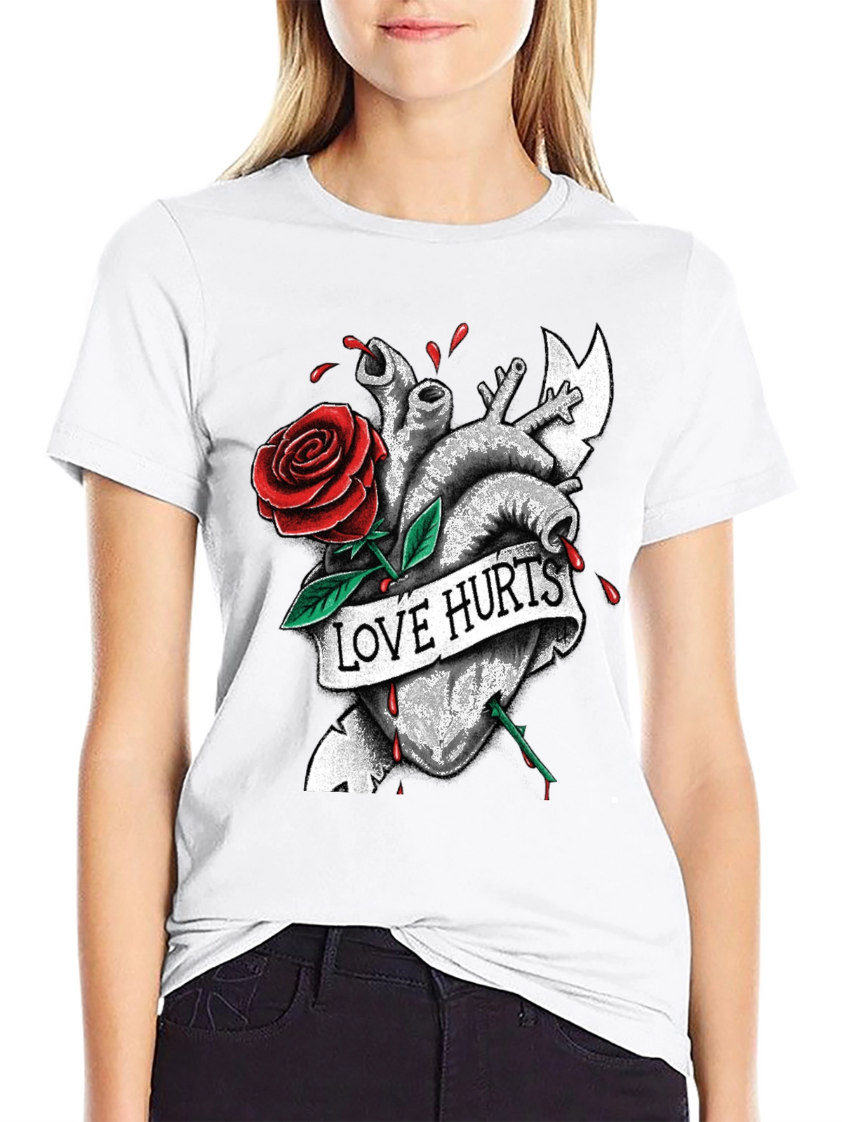 Love Hurts Heart & Rose Graphic T-Shirt