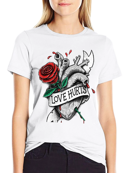 Love Hurts Heart & Rose Graphic T-Shirt