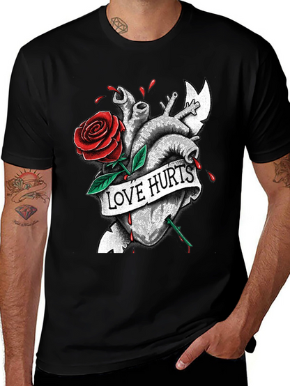 Love Hurts Heart & Rose Graphic T-Shirt