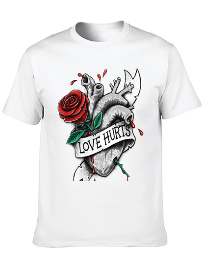 Love Hurts Heart & Rose Graphic T-Shirt