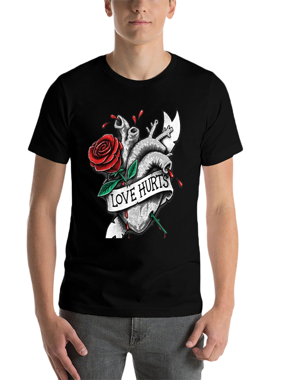 Love Hurts Heart & Rose Graphic T-Shirt