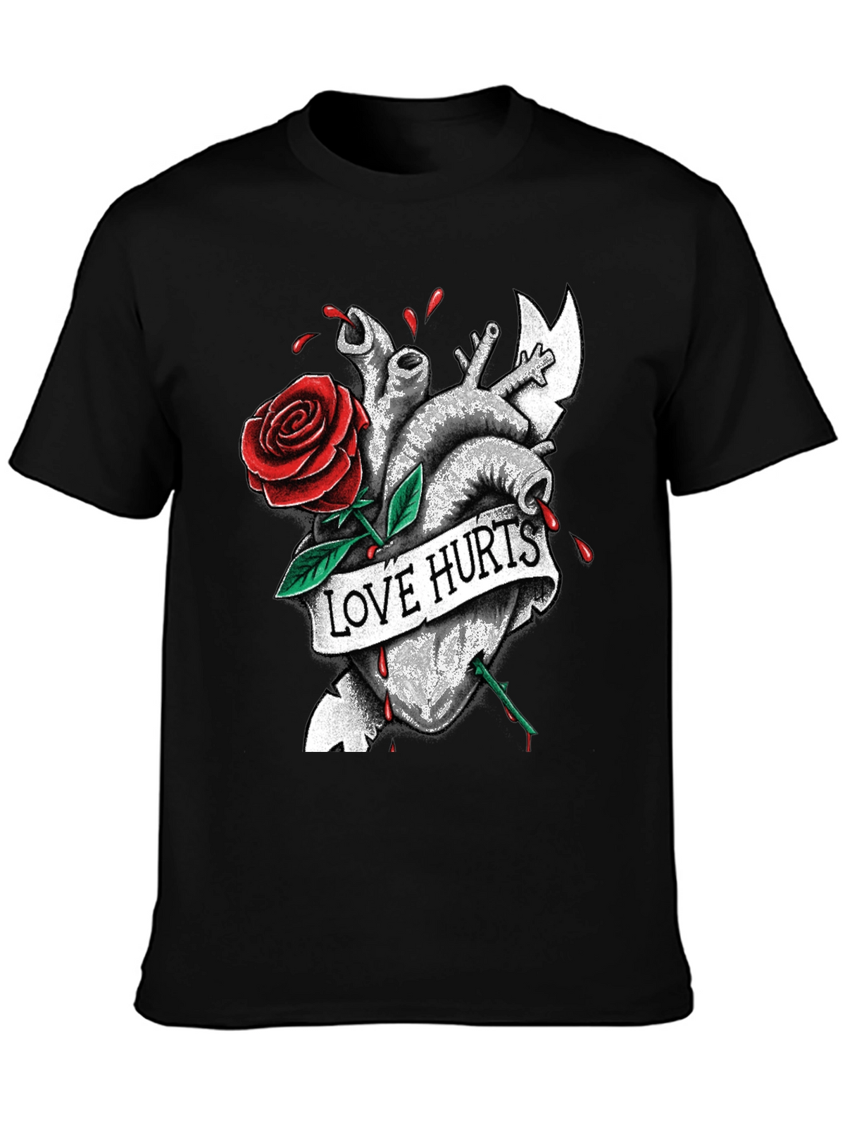 Love Hurts Heart & Rose Graphic T-Shirt
