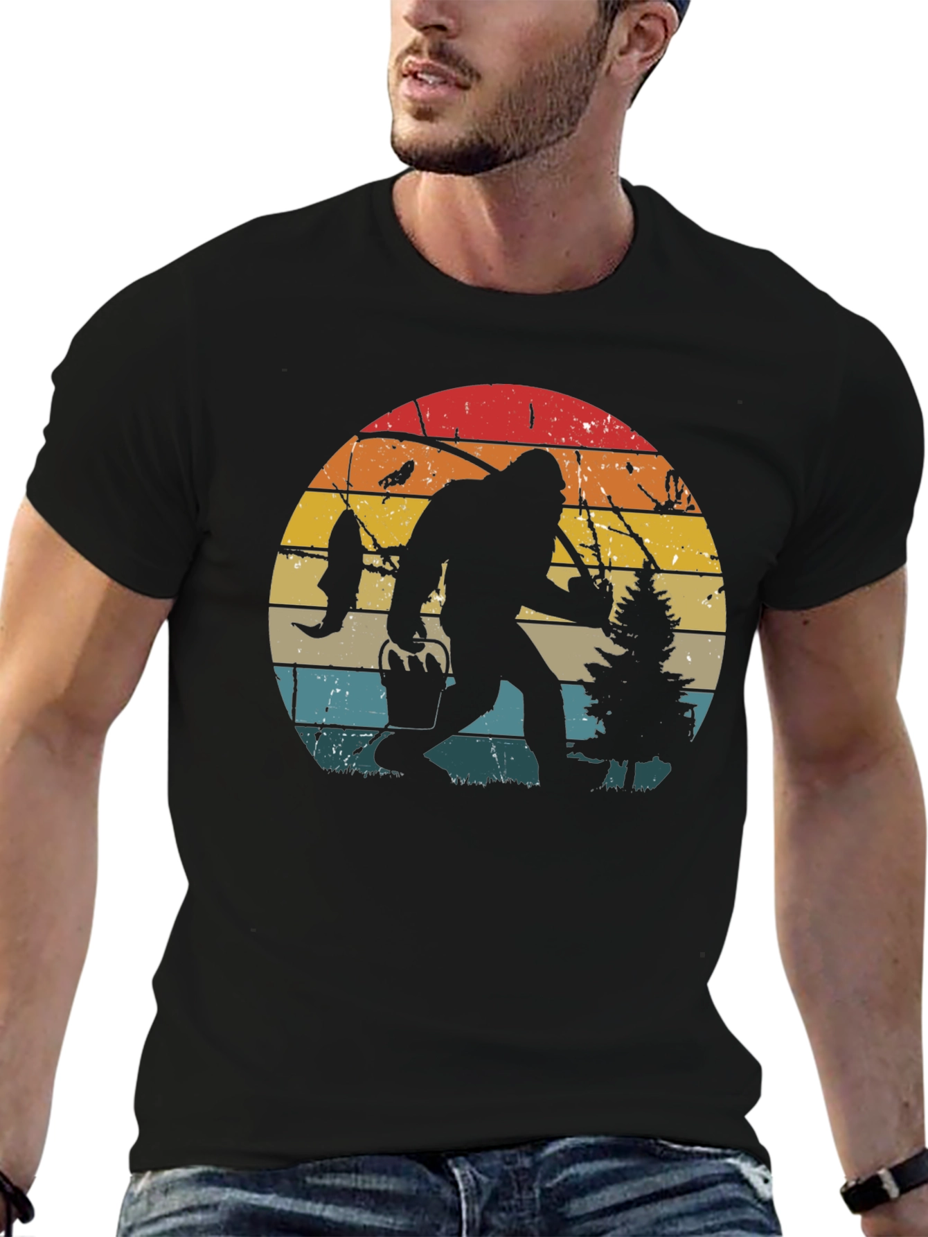 Bigfoot Fishing Retro Graphic T-Shirt