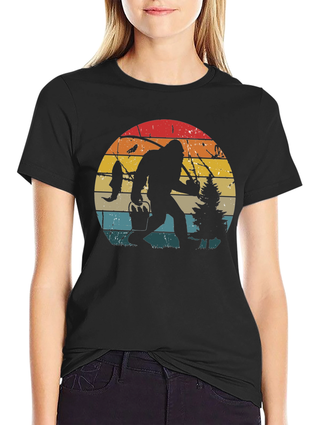 Bigfoot Fishing Retro Graphic T-Shirt