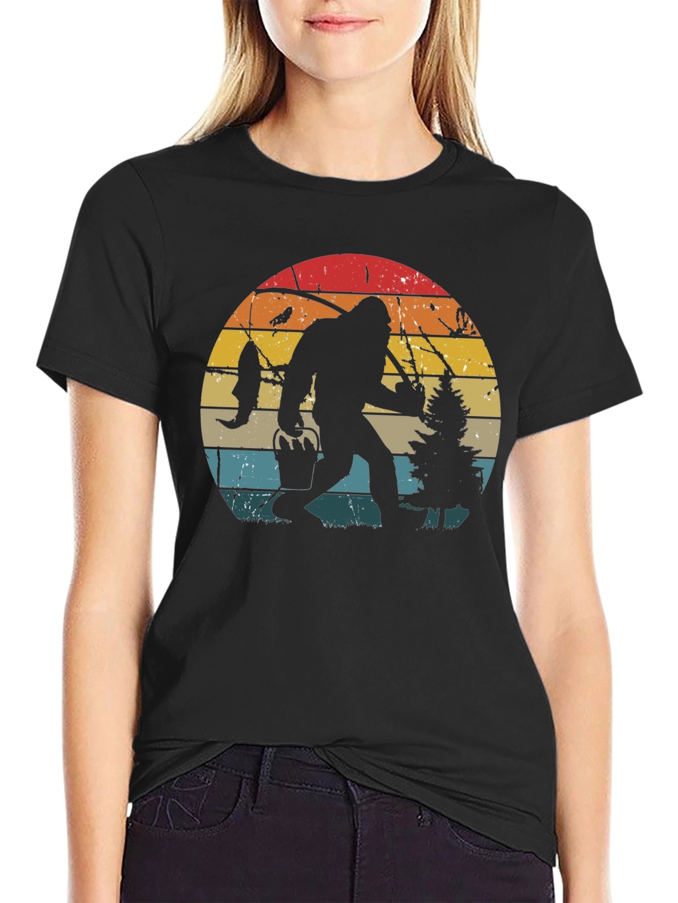 Bigfoot Fishing Retro Graphic T-Shirt