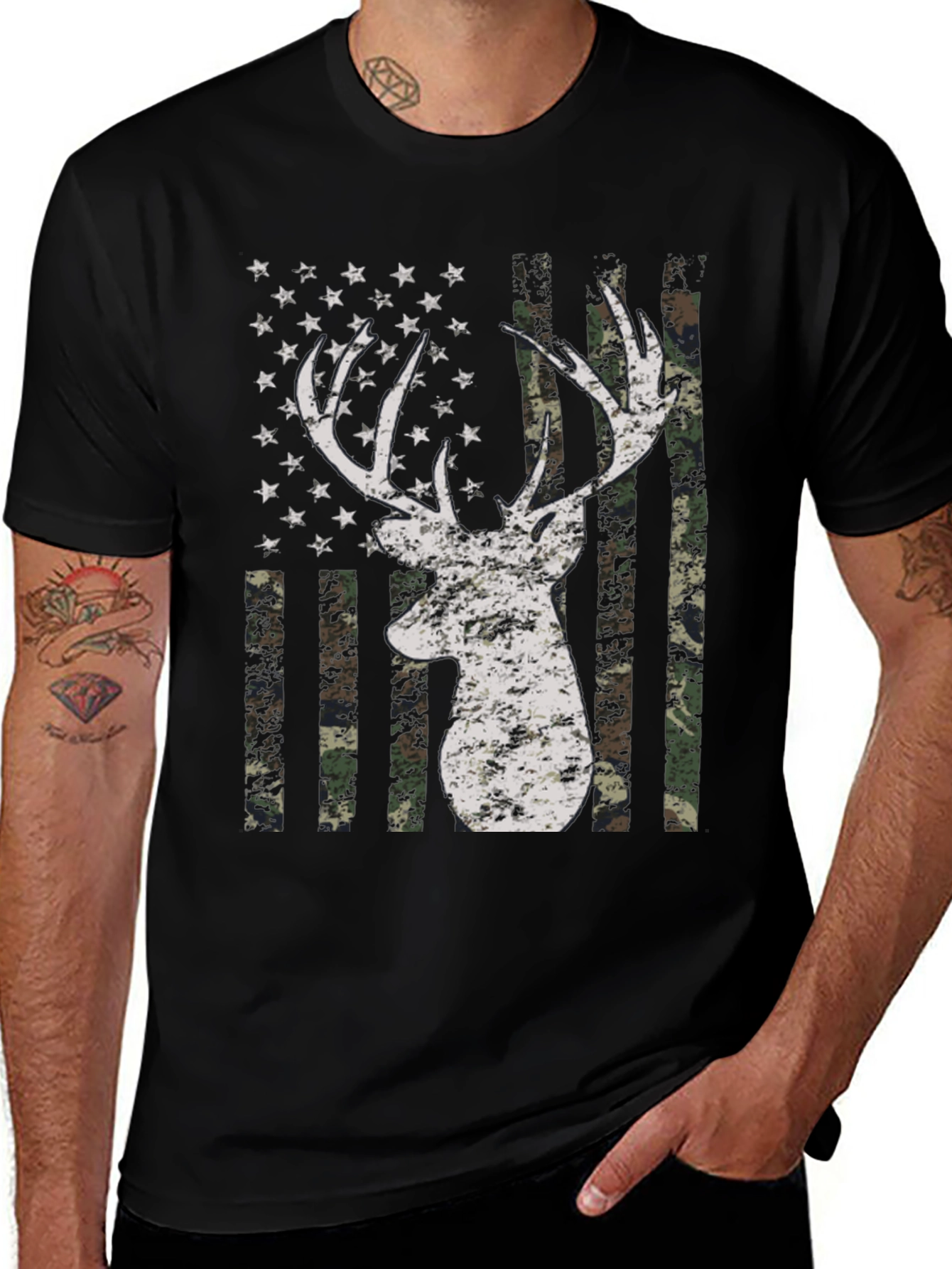 Deer American Flag Camo Mens T-Shirt