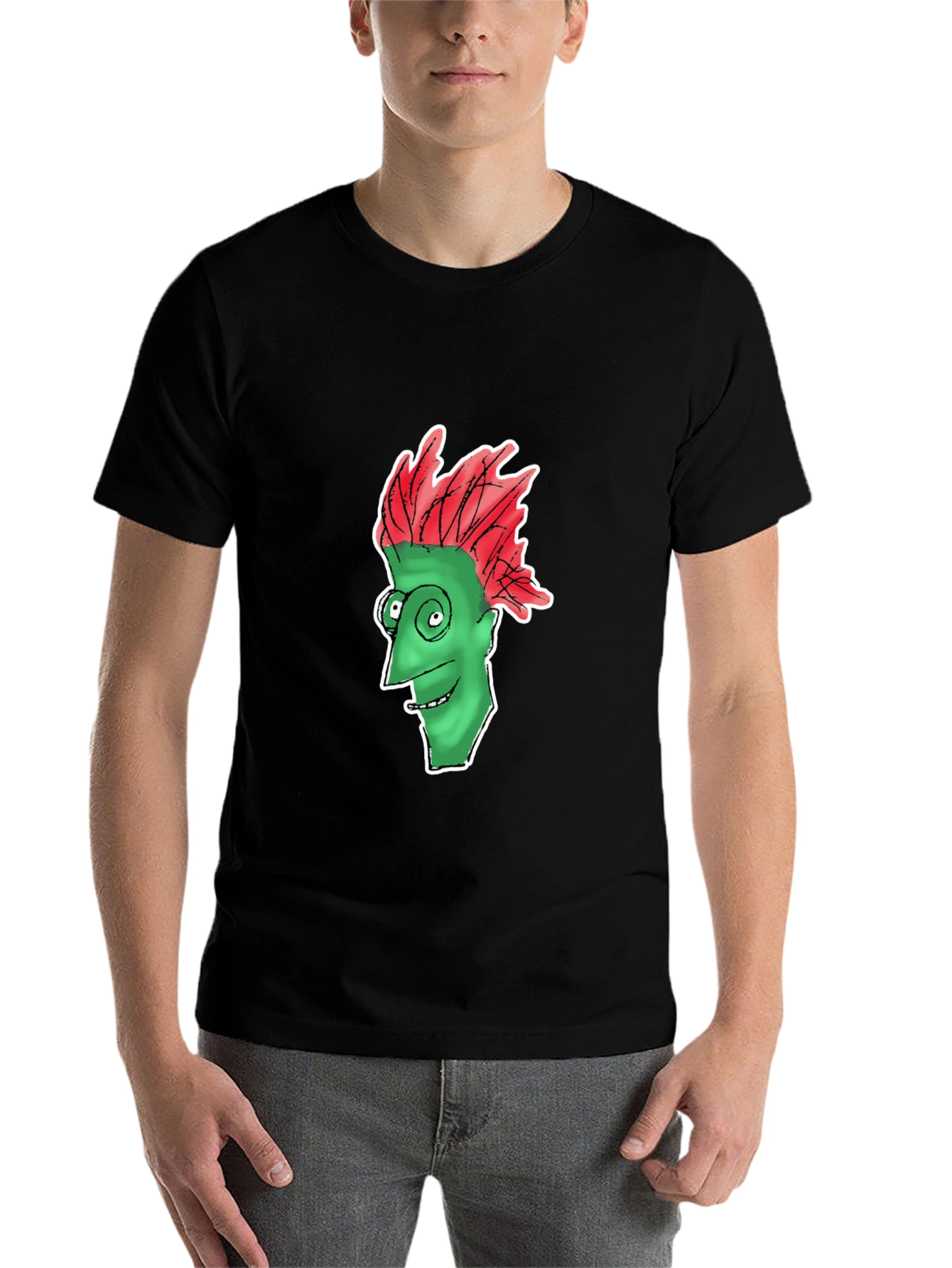 Funny Green Face Graphic Black T-Shirt