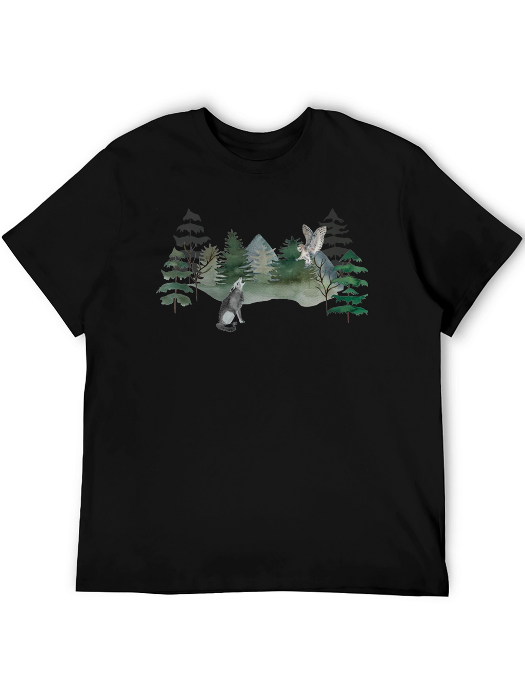 Wolf and Owl Forest Scene Graphic T-Shirt
