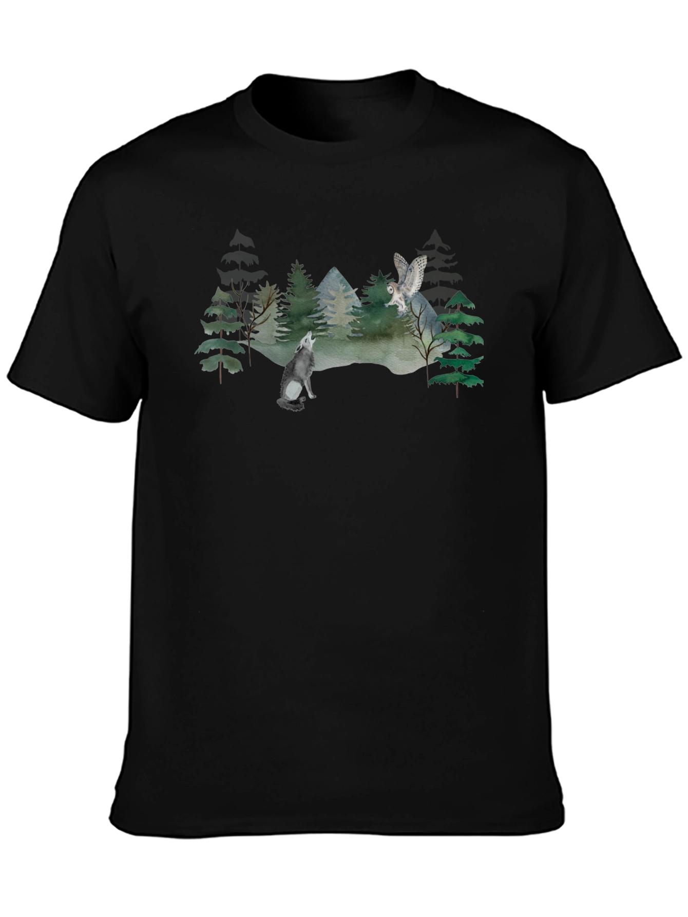 Wolf and Owl Forest Scene Graphic T-Shirt
