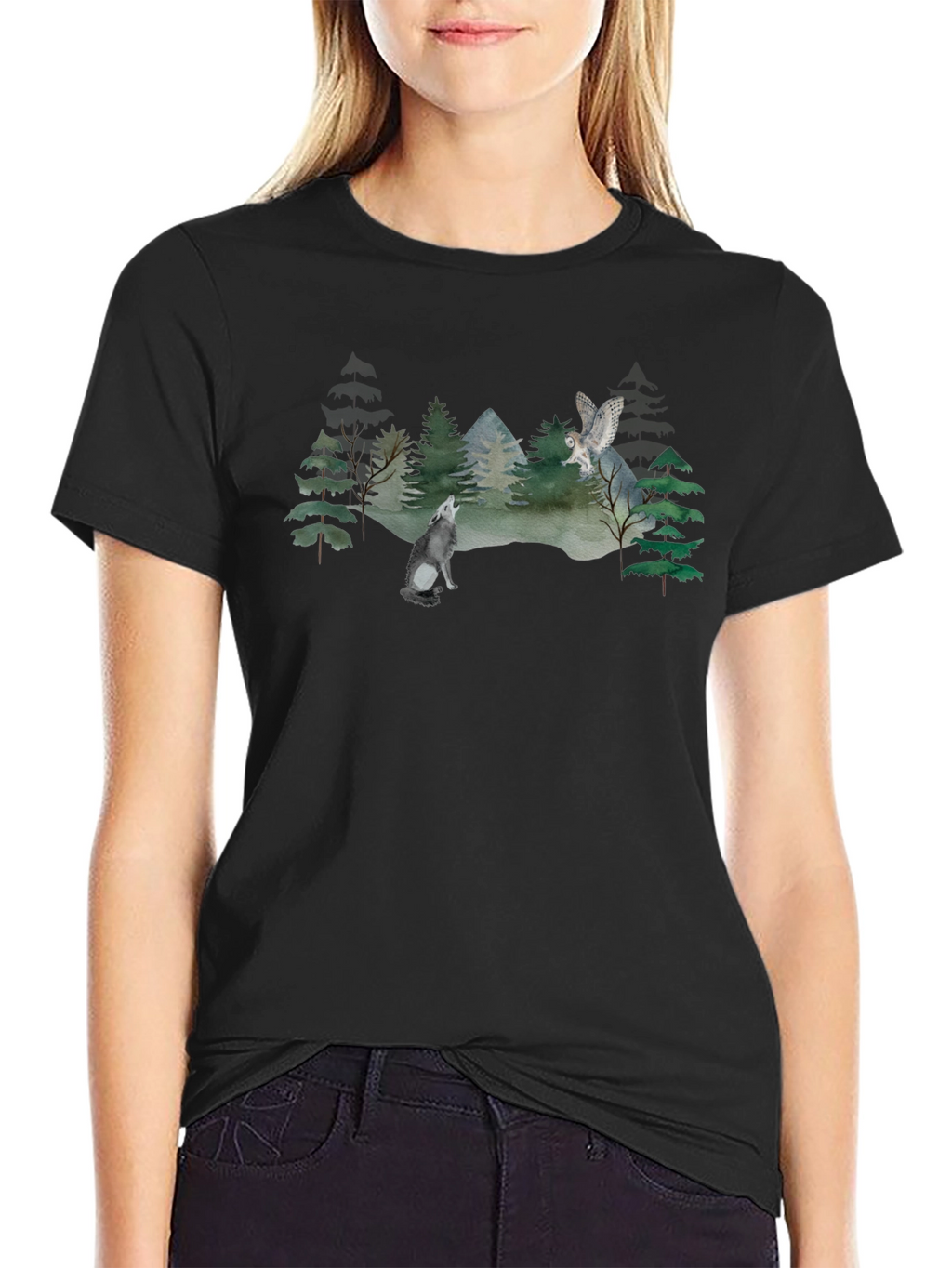 Wolf and Owl Forest Scene Graphic T-Shirt