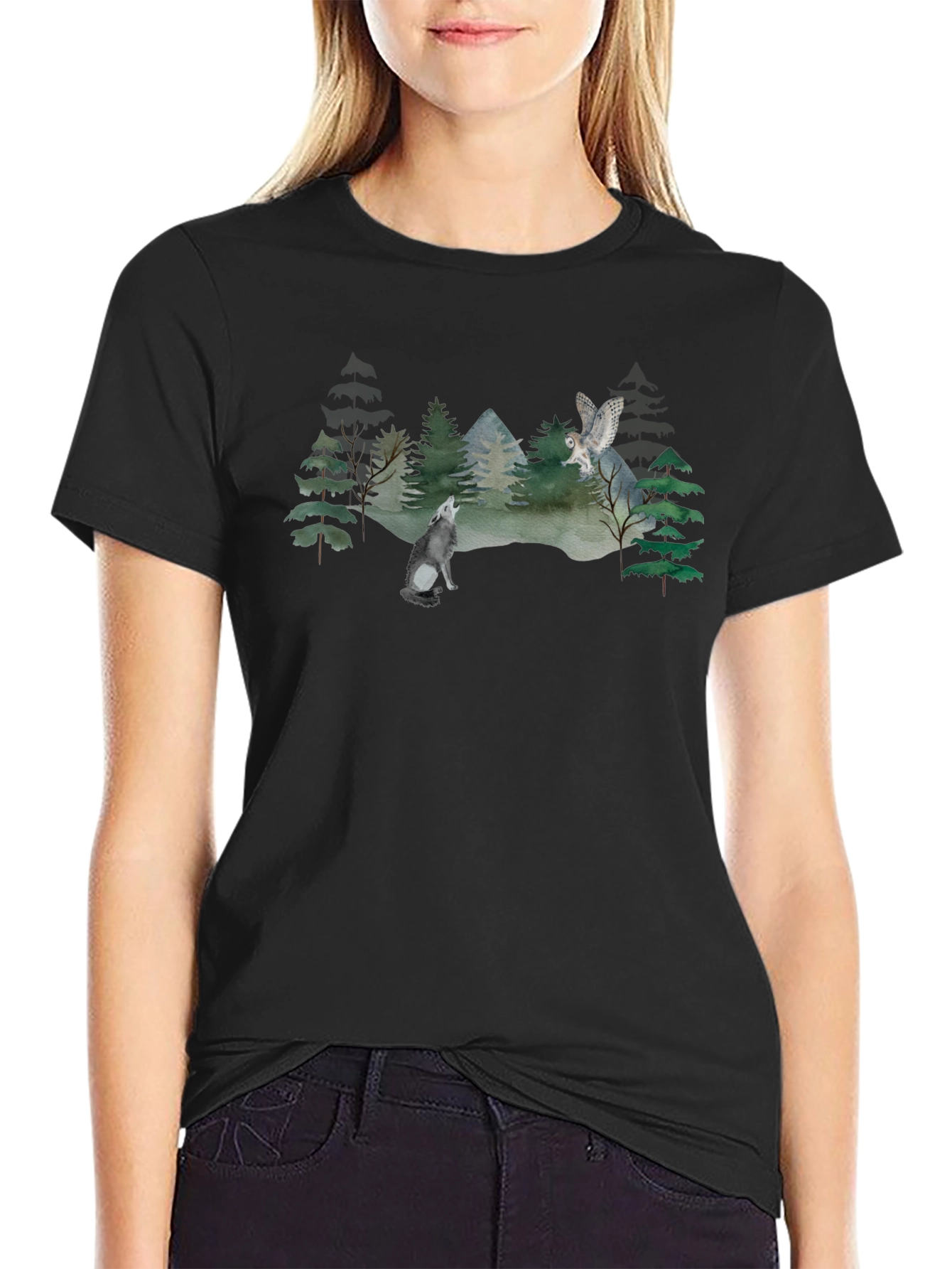 Wolf and Owl Forest Scene Graphic T-Shirt