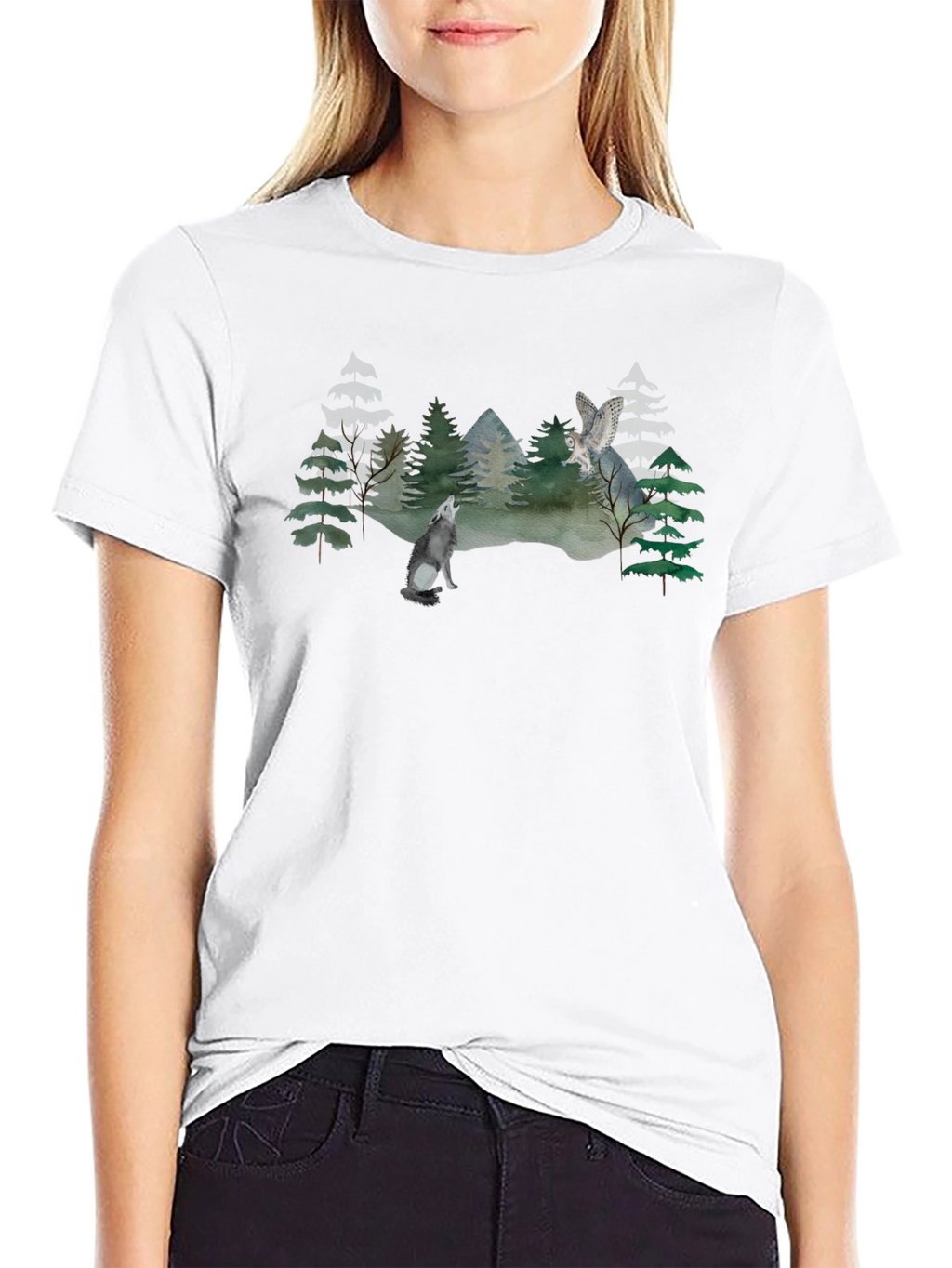 Wolf and Owl Forest Scene Graphic T-Shirt
