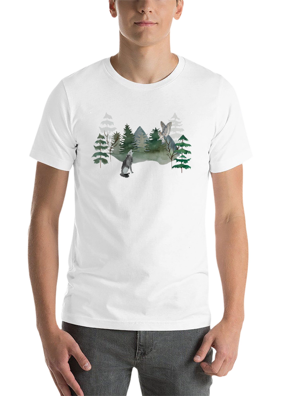 Wolf and Owl Forest Scene Graphic T-Shirt
