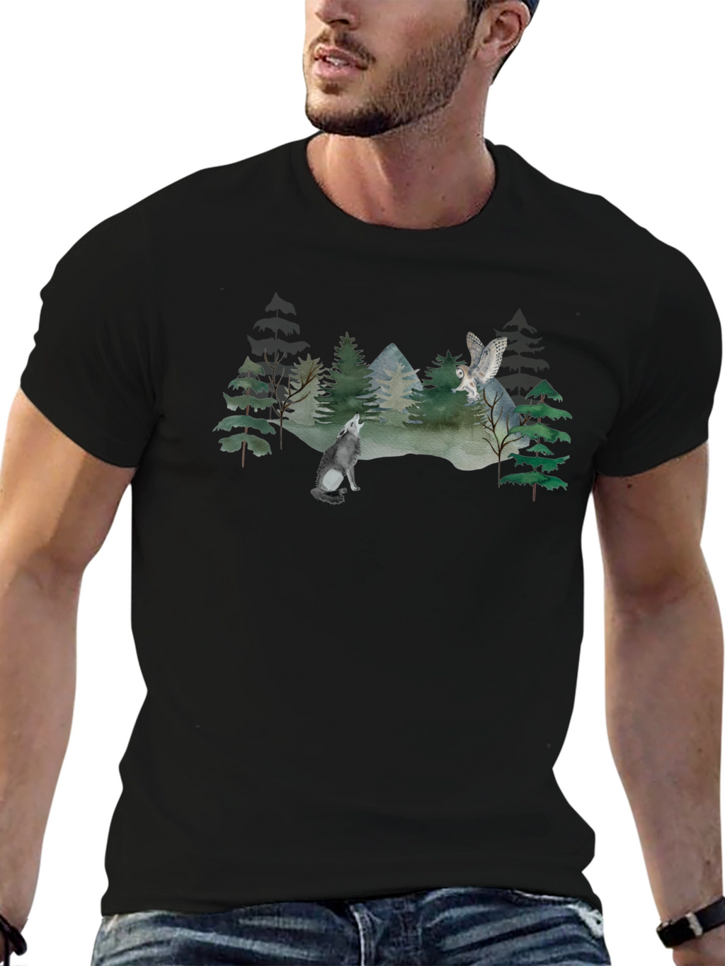 Wolf and Owl Forest Scene Graphic T-Shirt