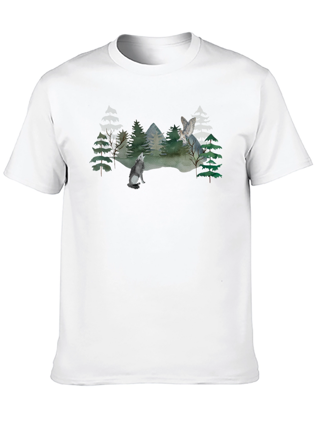Wolf and Owl Forest Scene Graphic T-Shirt