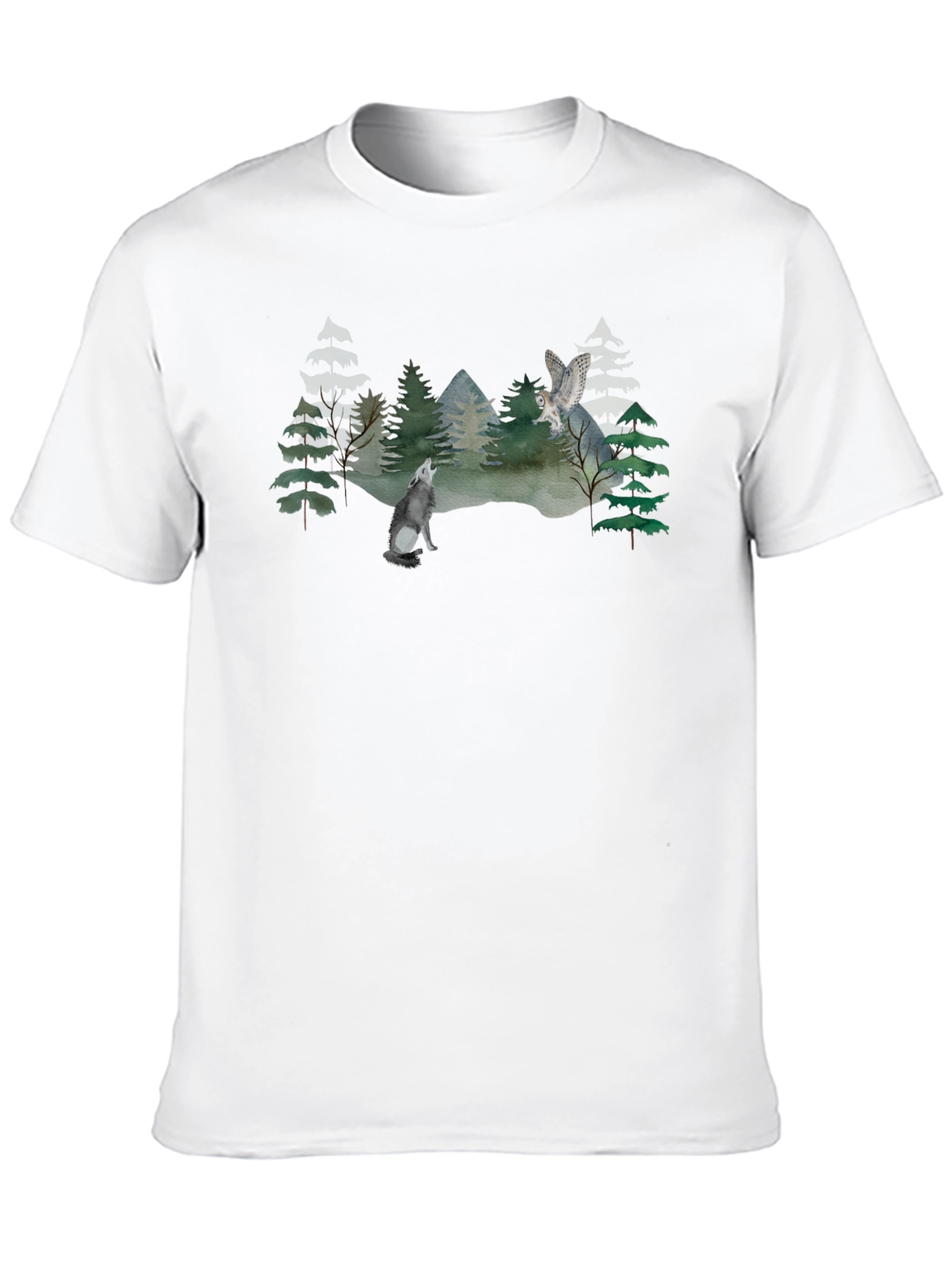 Wolf and Owl Forest Scene Graphic T-Shirt