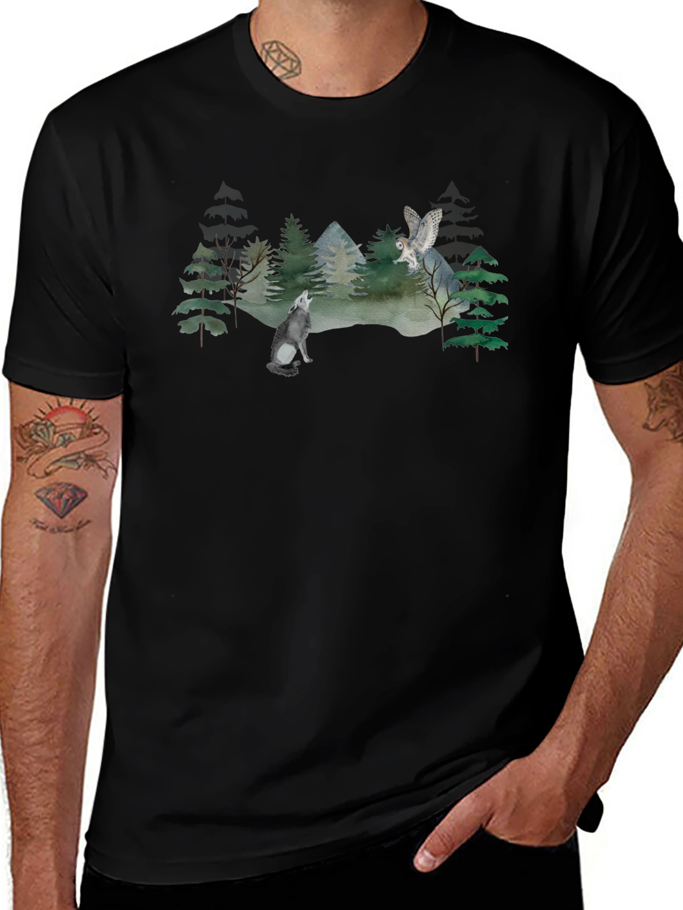 Wolf and Owl Forest Scene Graphic T-Shirt