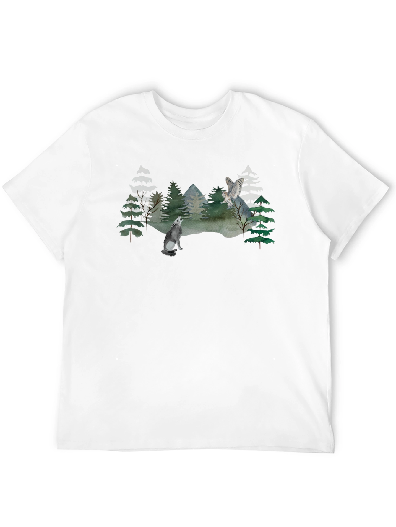 Wolf and Owl Forest Scene Graphic T-Shirt