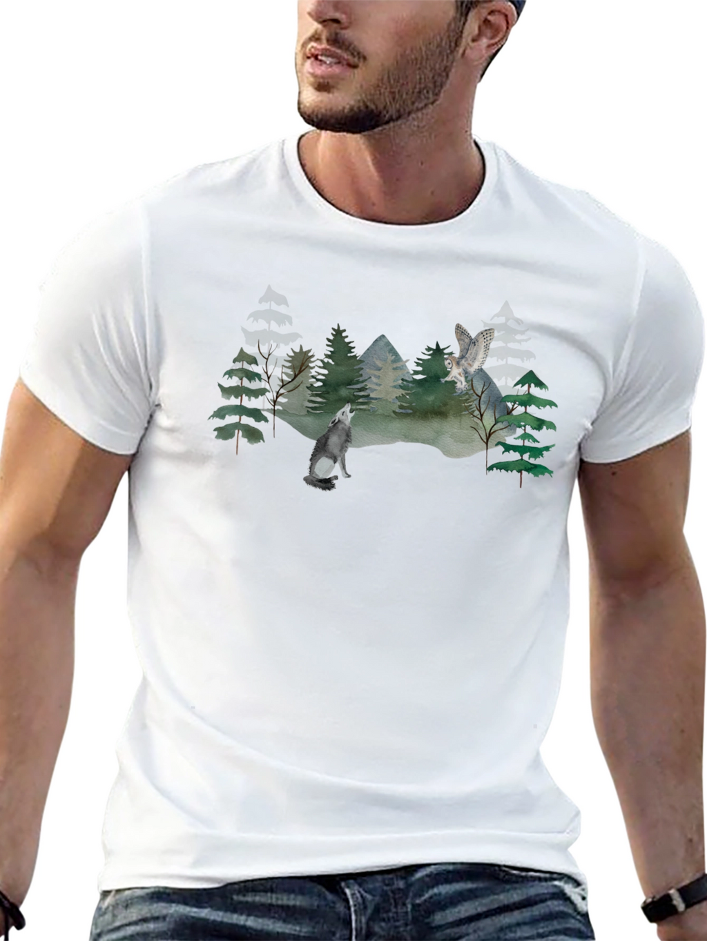 Wolf and Owl Forest Scene Graphic T-Shirt