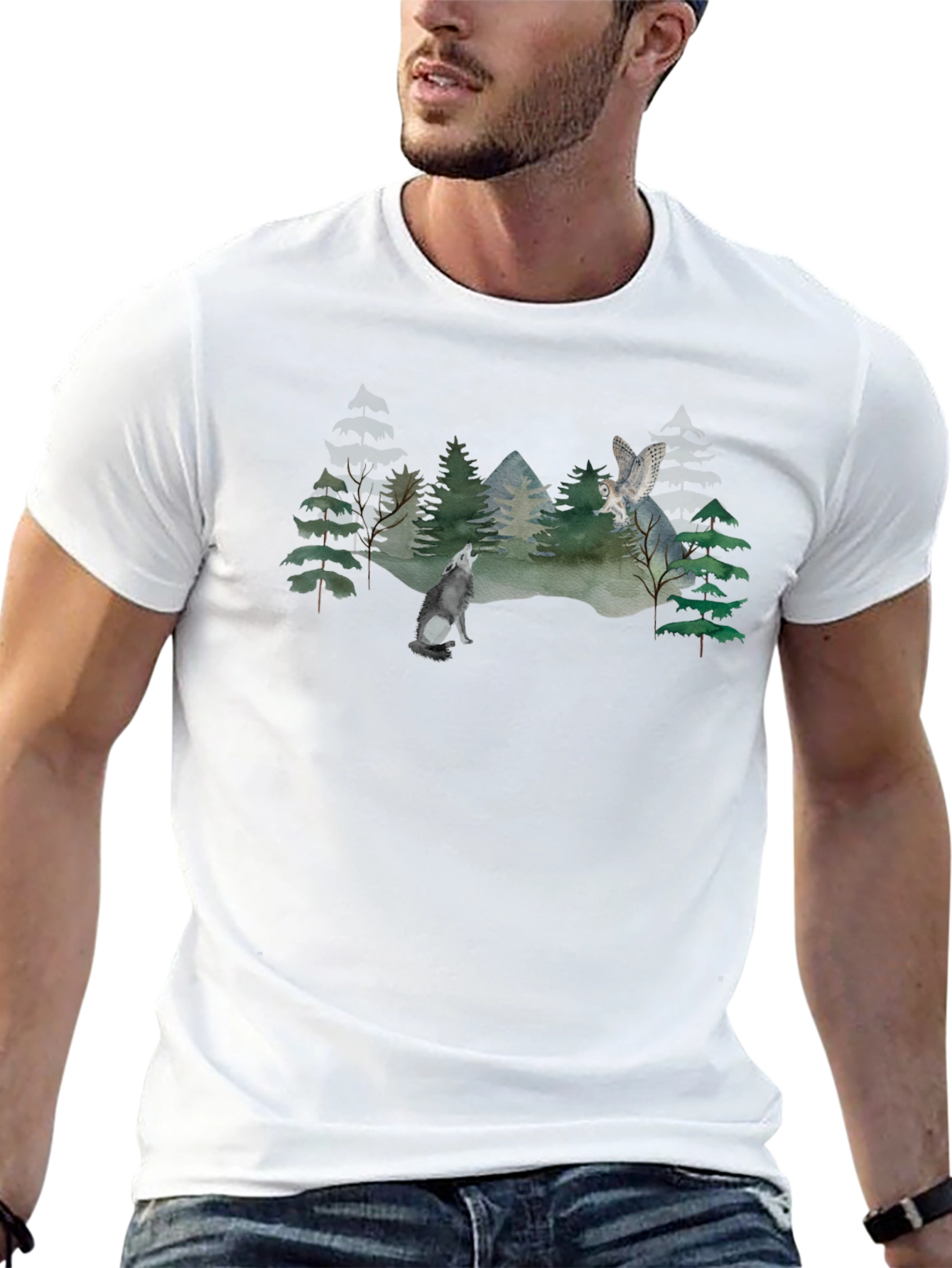 Wolf and Owl Forest Scene Graphic T-Shirt