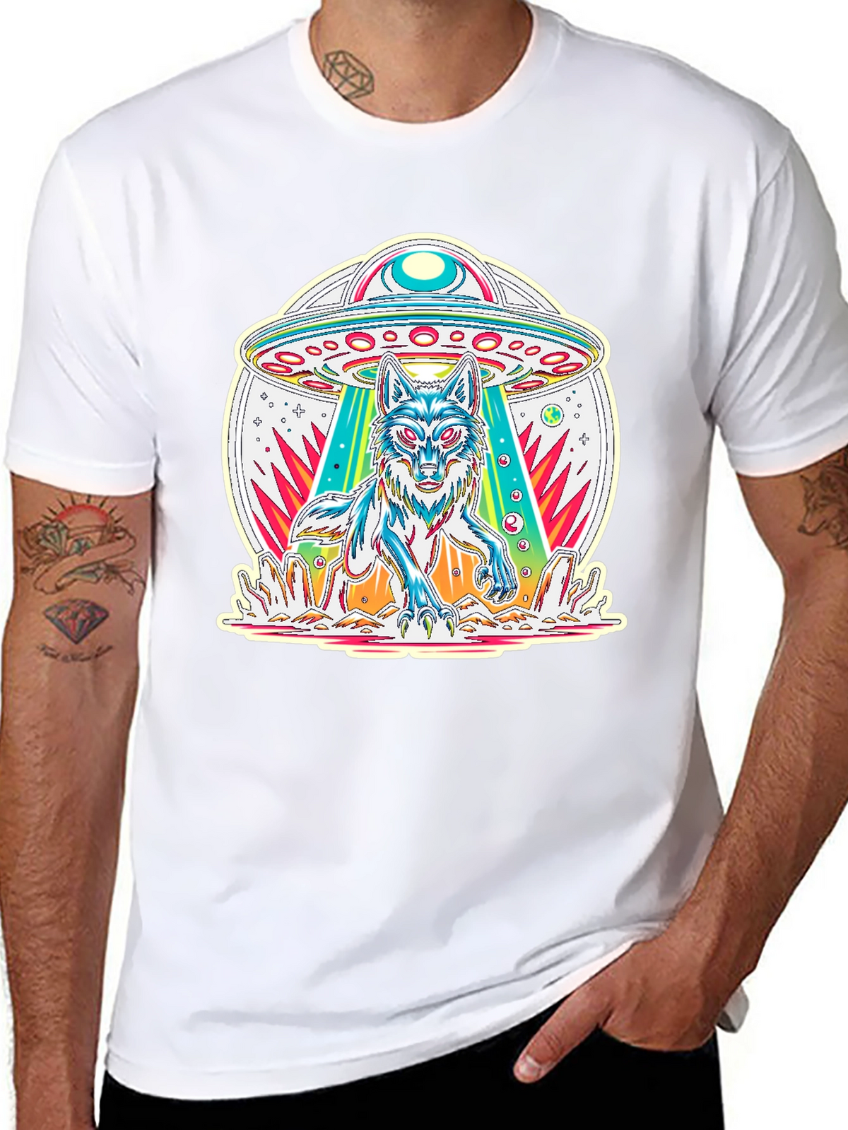 UFO Wolf Graphic Tee - Trendy Alien Abduction T-Shirt