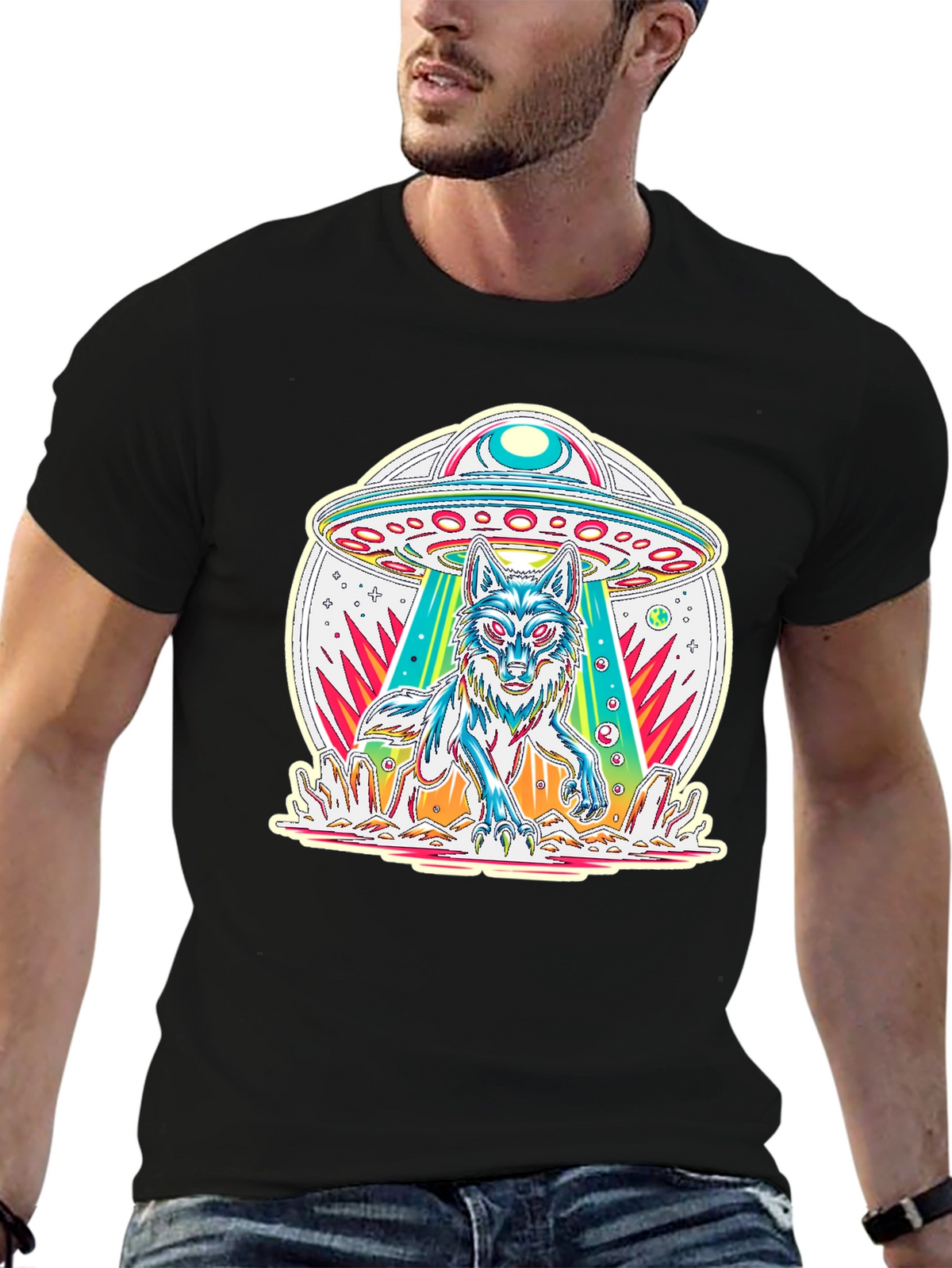 UFO Wolf Graphic Tee - Trendy Alien Abduction T-Shirt