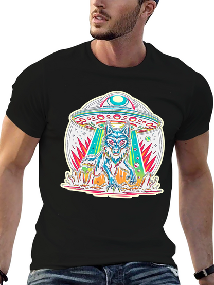 UFO Wolf Graphic Tee - Trendy Alien Abduction T-Shirt