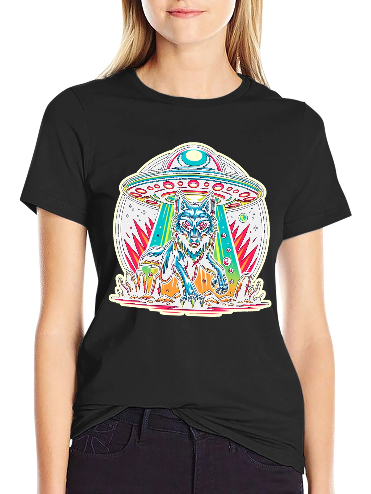 UFO Wolf Graphic Tee - Trendy Alien Abduction T-Shirt