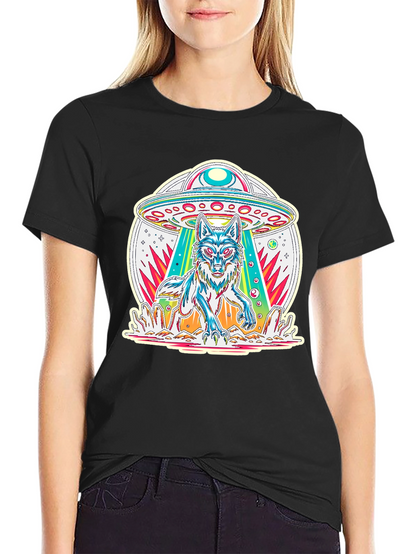 UFO Wolf Graphic Tee - Trendy Alien Abduction T-Shirt