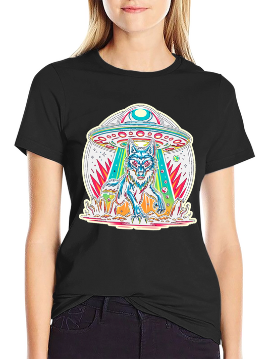 UFO Wolf Graphic Tee - Trendy Alien Abduction T-Shirt