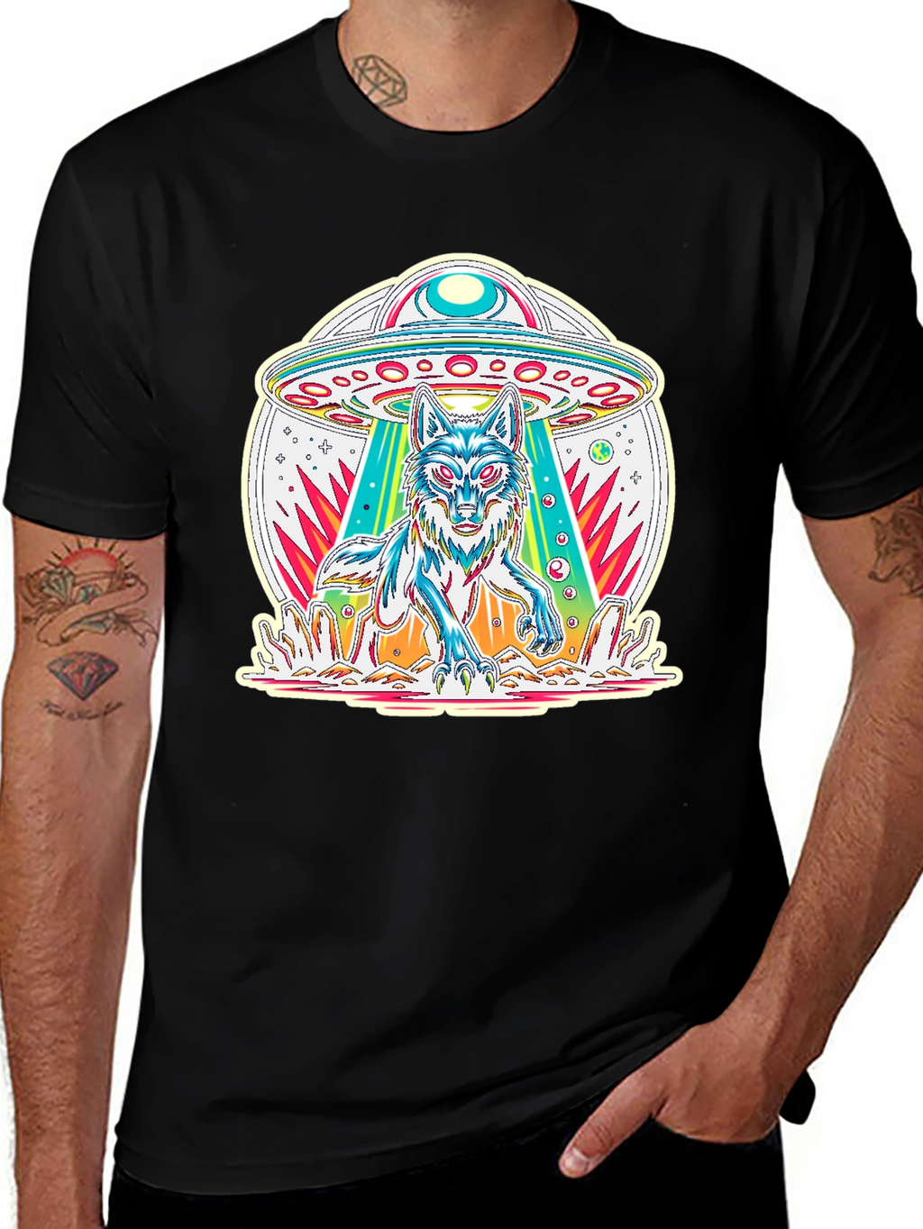 UFO Wolf Graphic Tee - Trendy Alien Abduction T-Shirt
