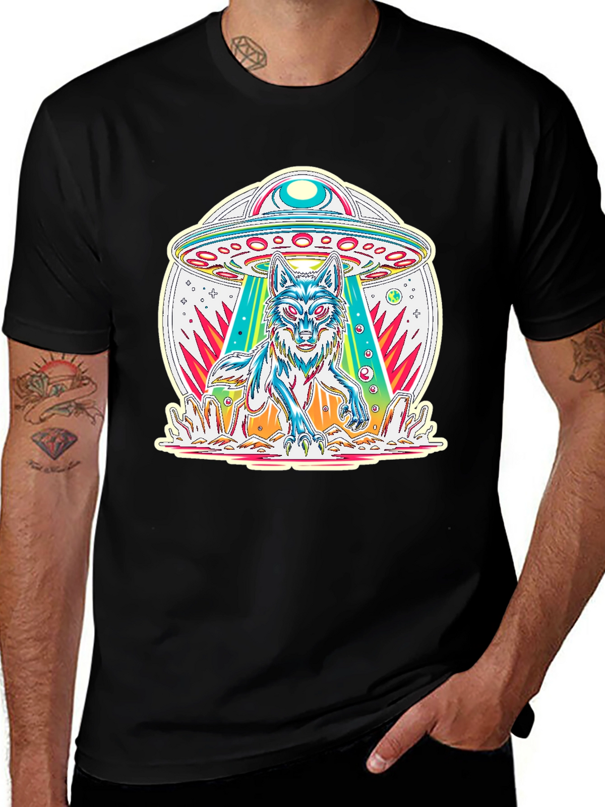 UFO Wolf Graphic Tee - Trendy Alien Abduction T-Shirt