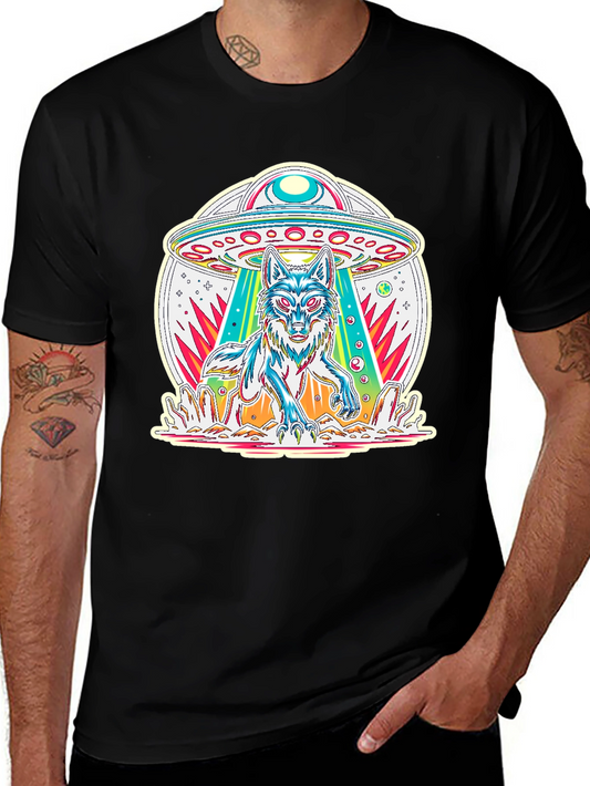 UFO Wolf Graphic Tee - Trendy Alien Abduction T-Shirt