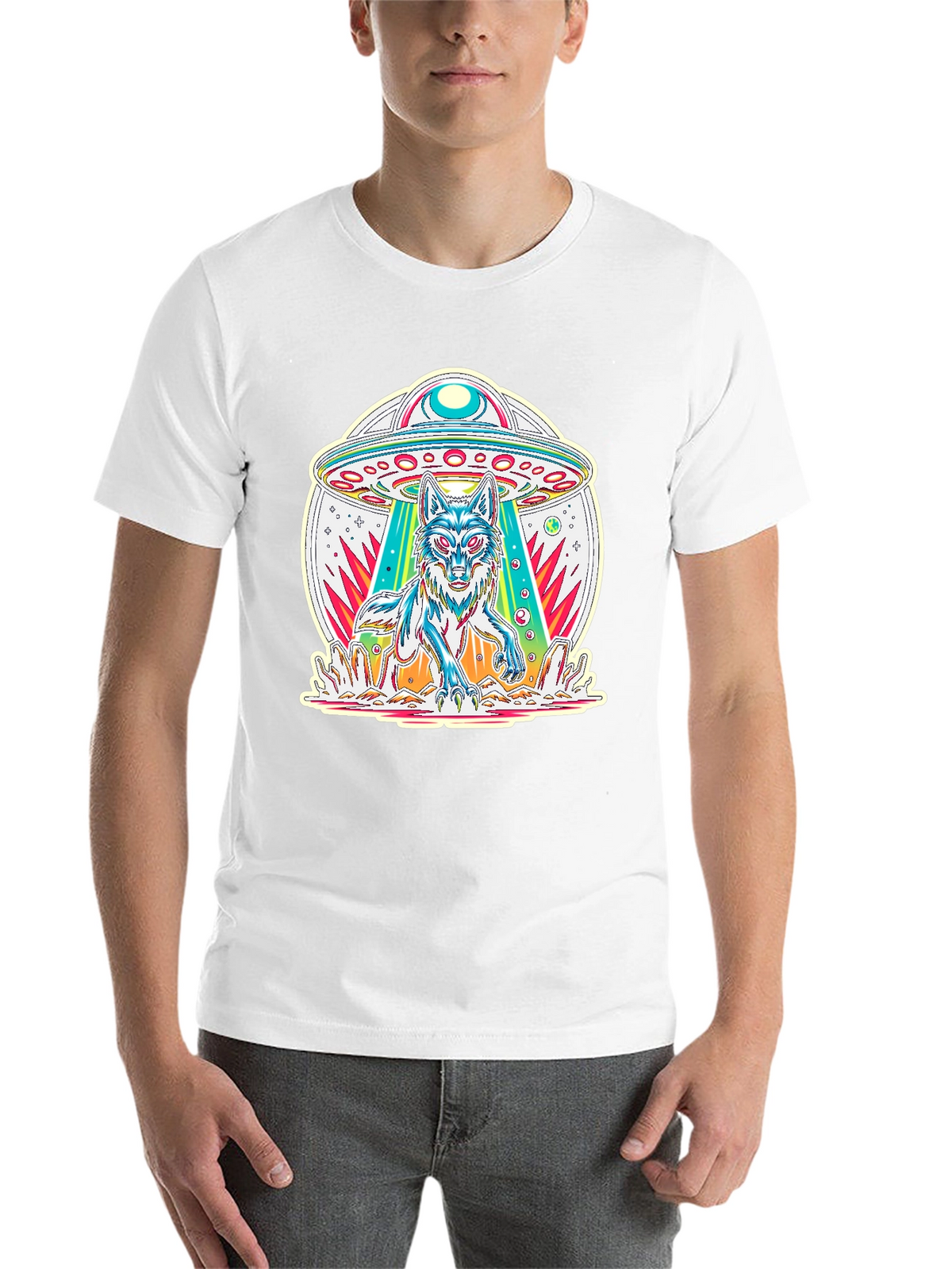 UFO Wolf Graphic Tee - Trendy Alien Abduction T-Shirt