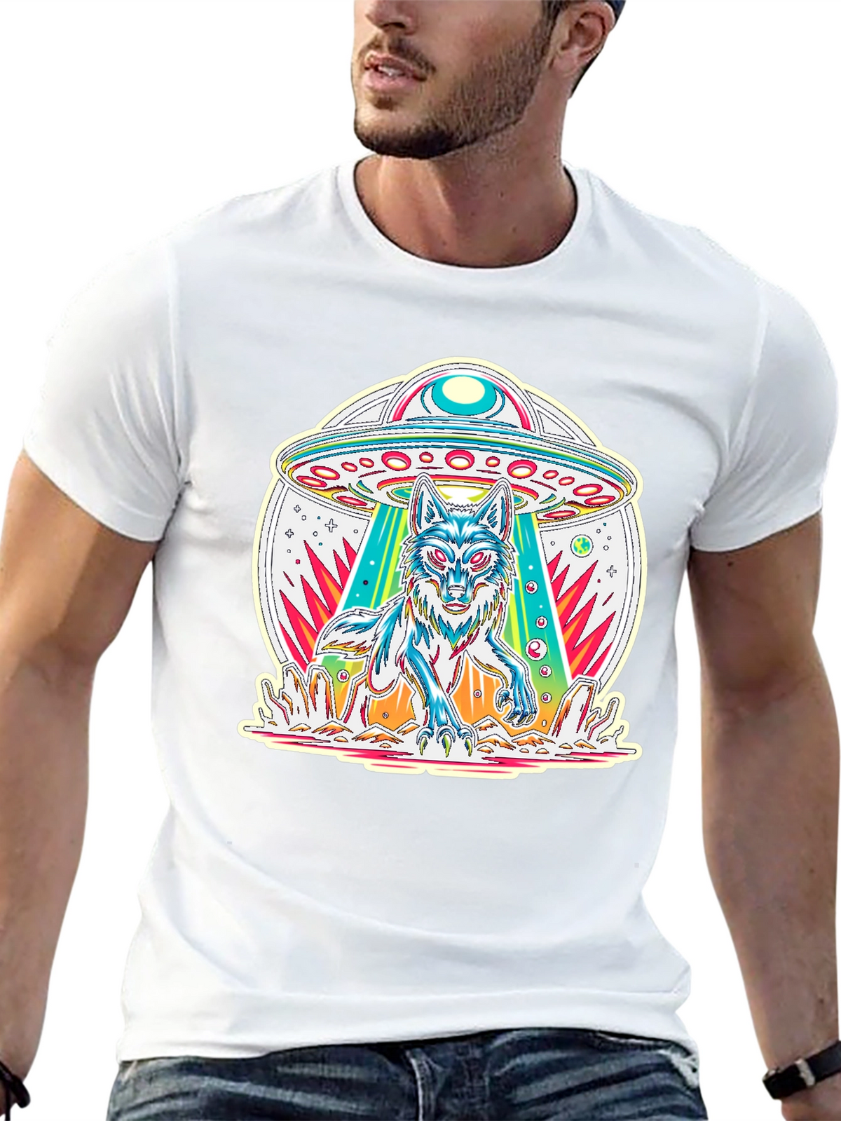UFO Wolf Graphic Tee - Trendy Alien Abduction T-Shirt
