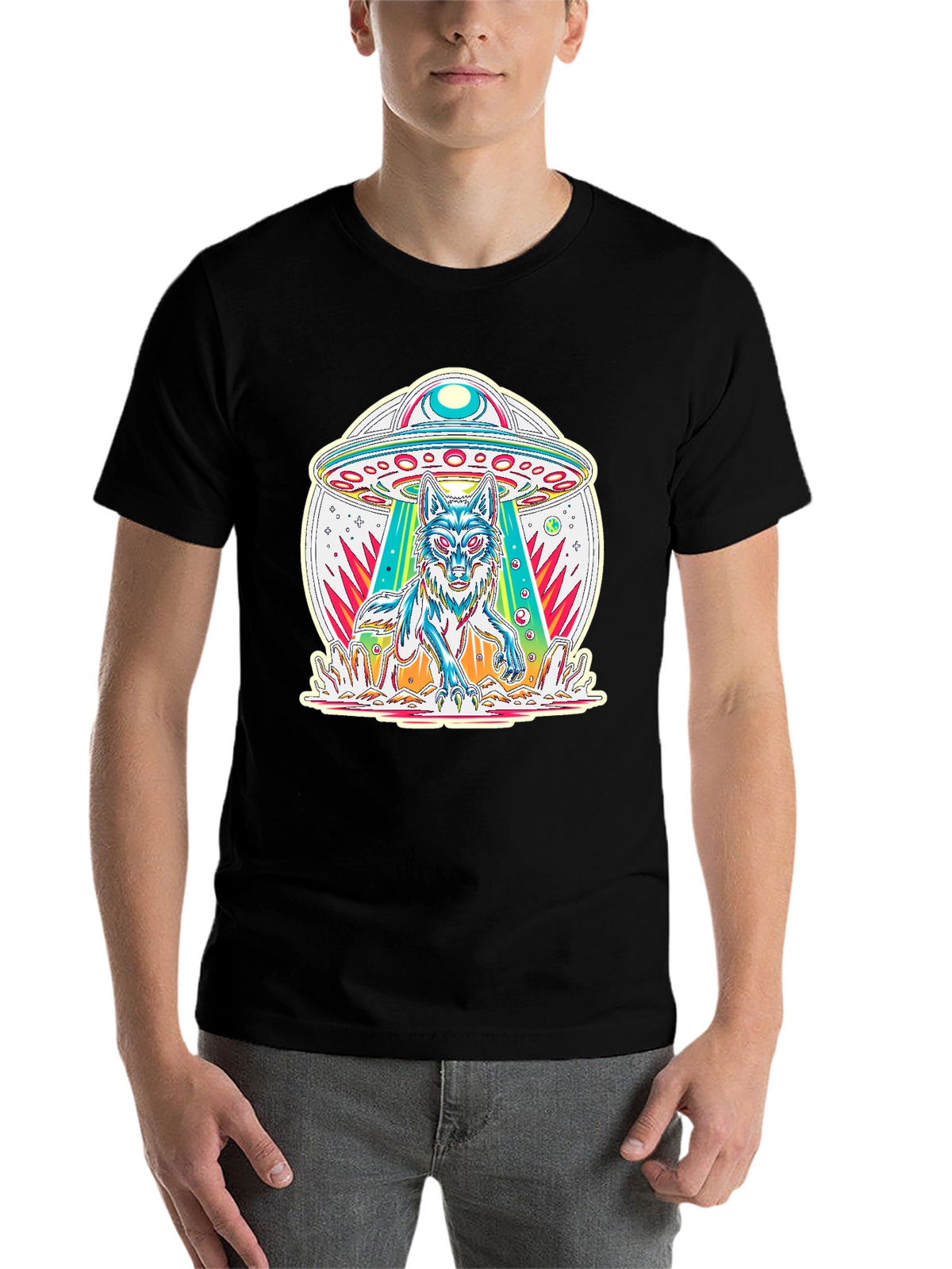 UFO Wolf Graphic Tee - Trendy Alien Abduction T-Shirt