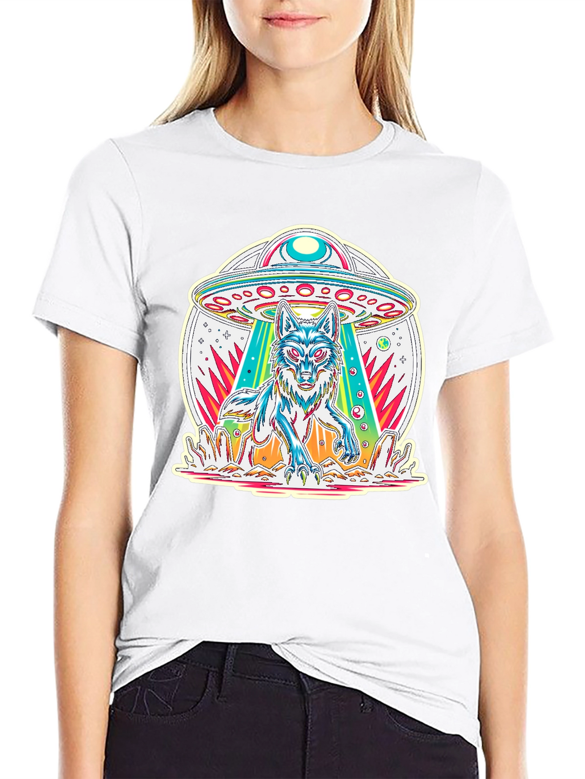 UFO Wolf Graphic Tee - Trendy Alien Abduction T-Shirt