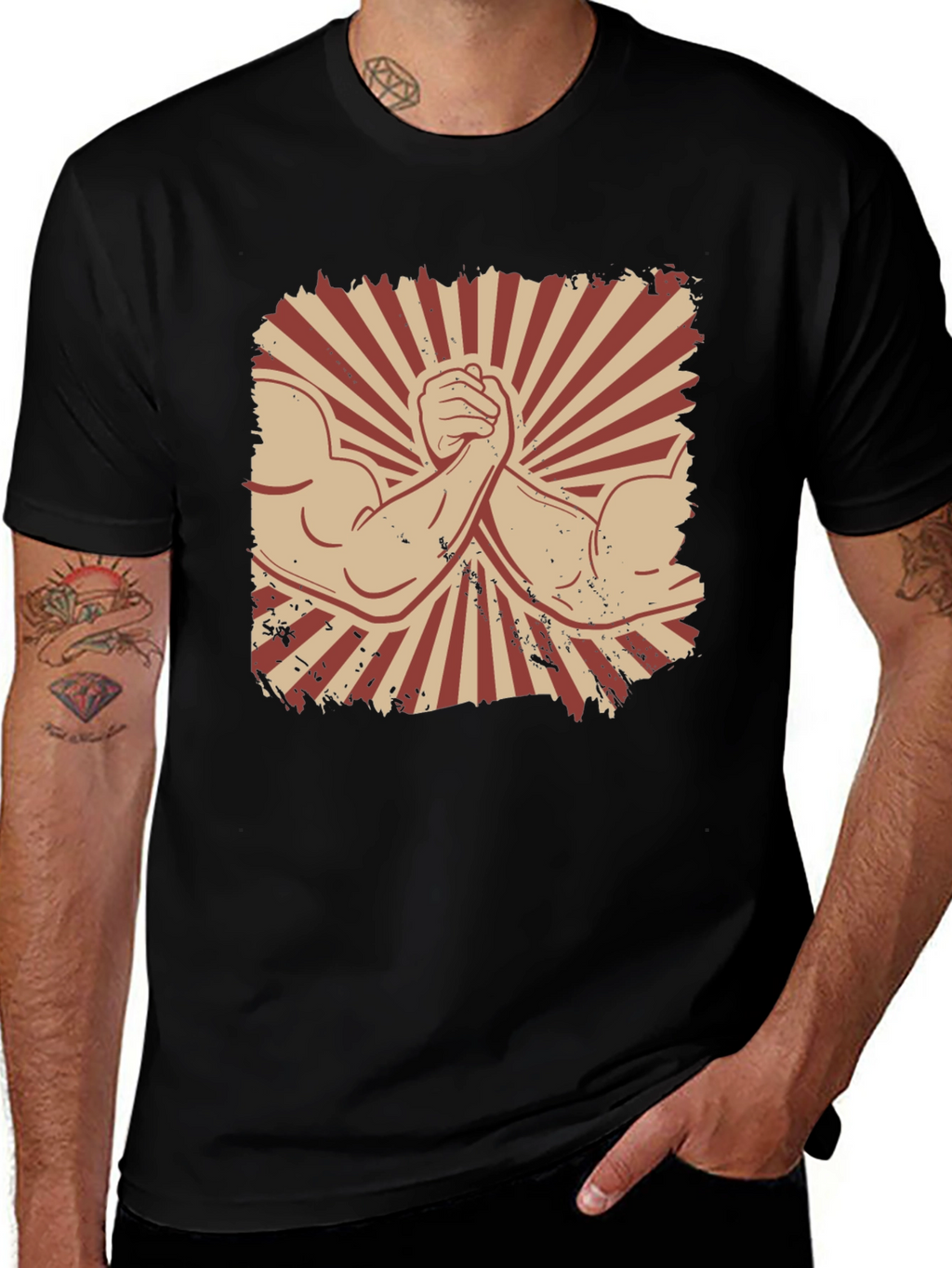 Arm Wrestling Graphic Tee - Retro Style Black T-Shirt