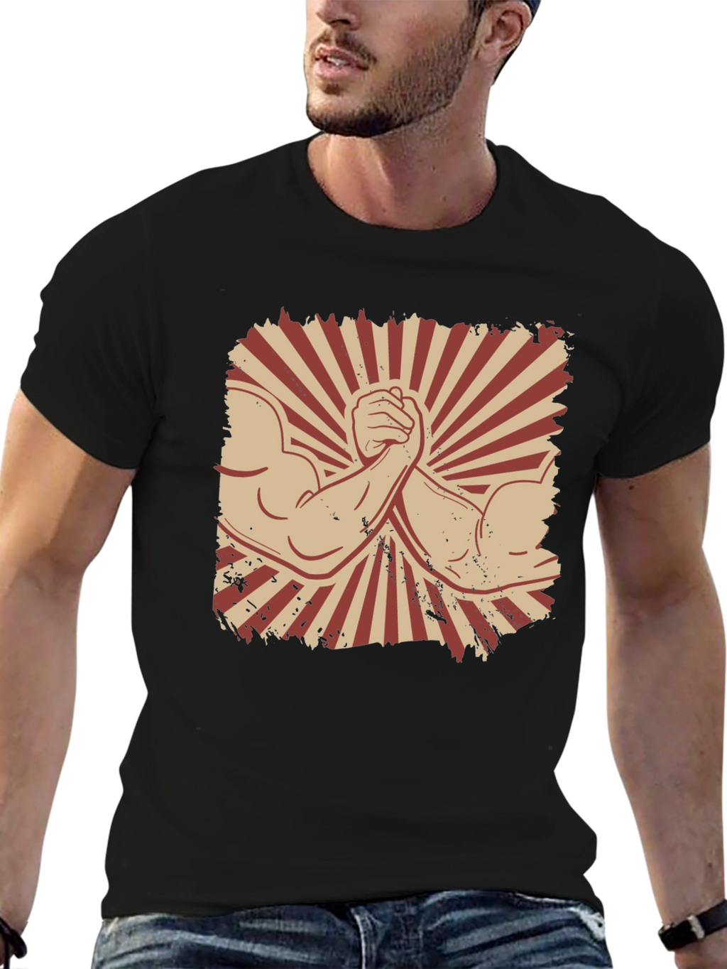 Arm Wrestling Graphic Tee - Retro Style Black T-Shirt