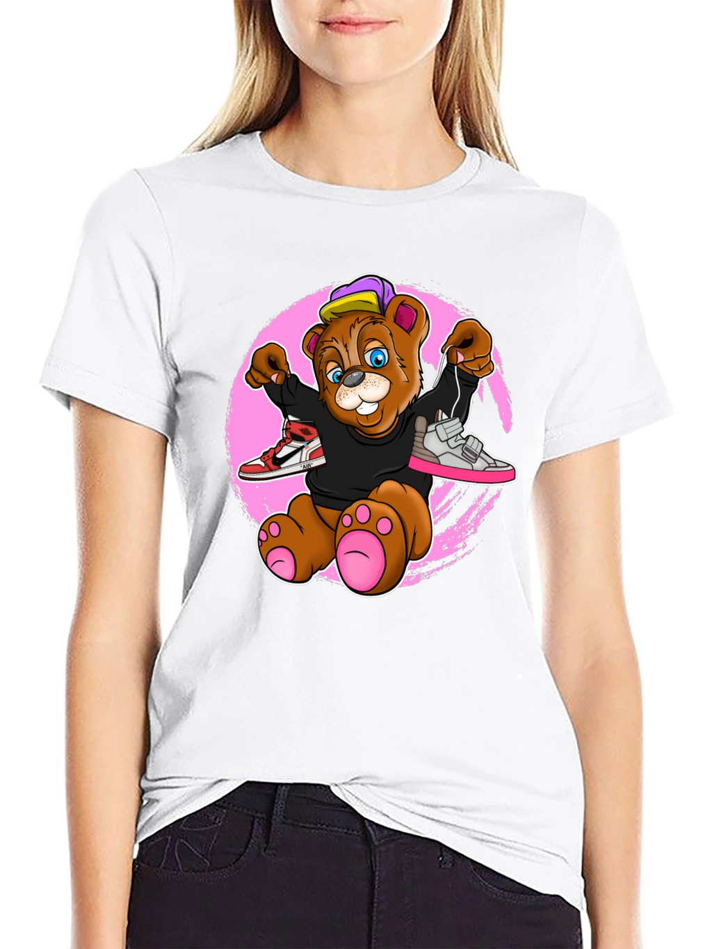 Cartoon Bear with Sneakers Graphic T-Shirt