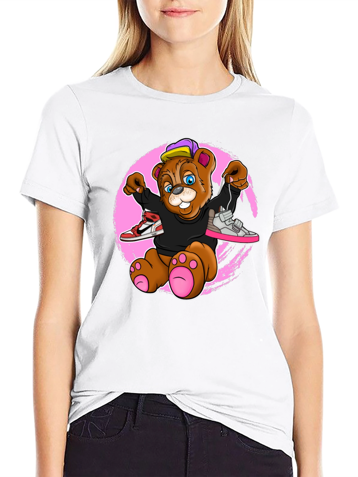 Cartoon Bear with Sneakers Graphic T-Shirt