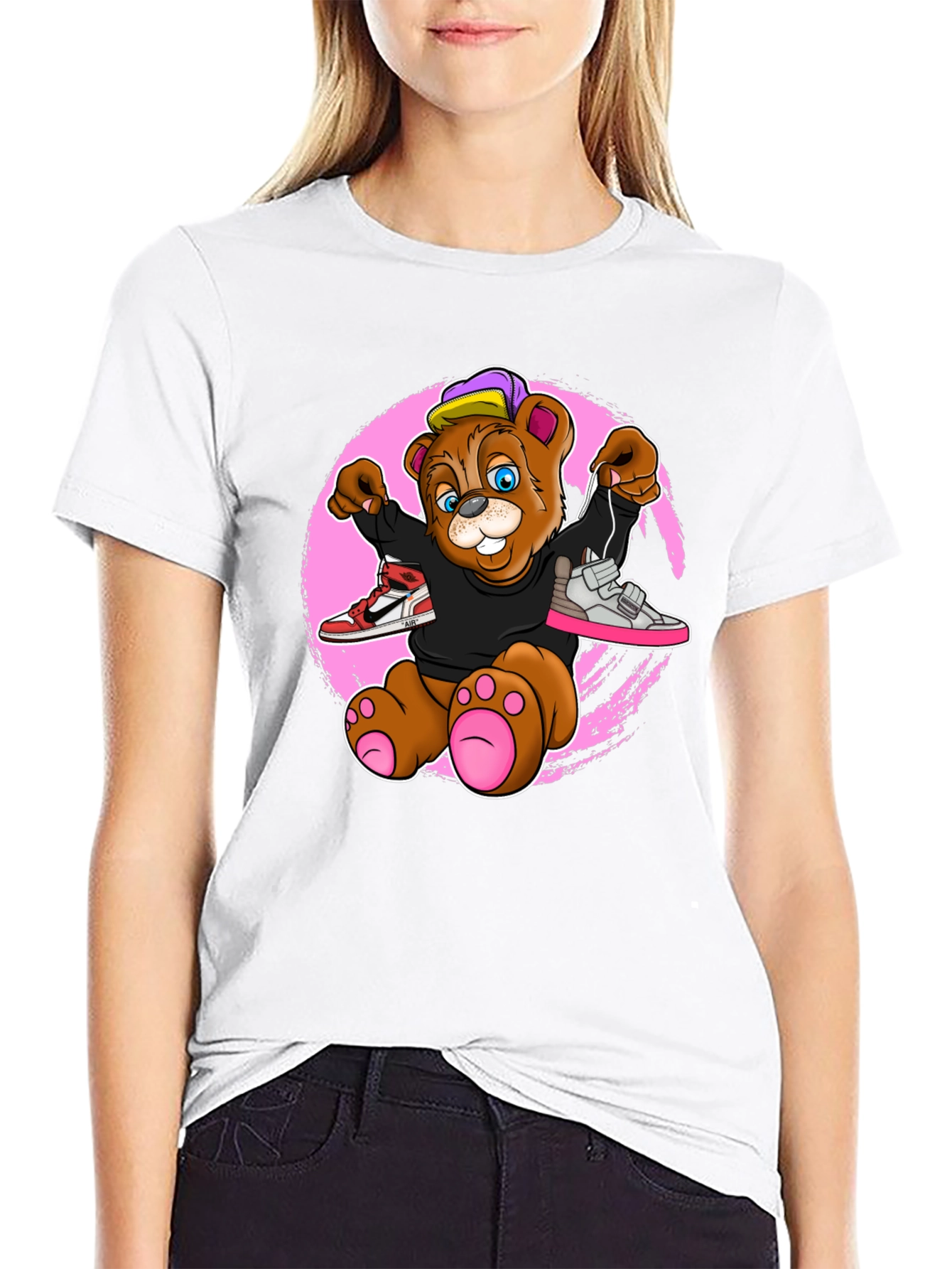 Cartoon Bear with Sneakers Graphic T-Shirt