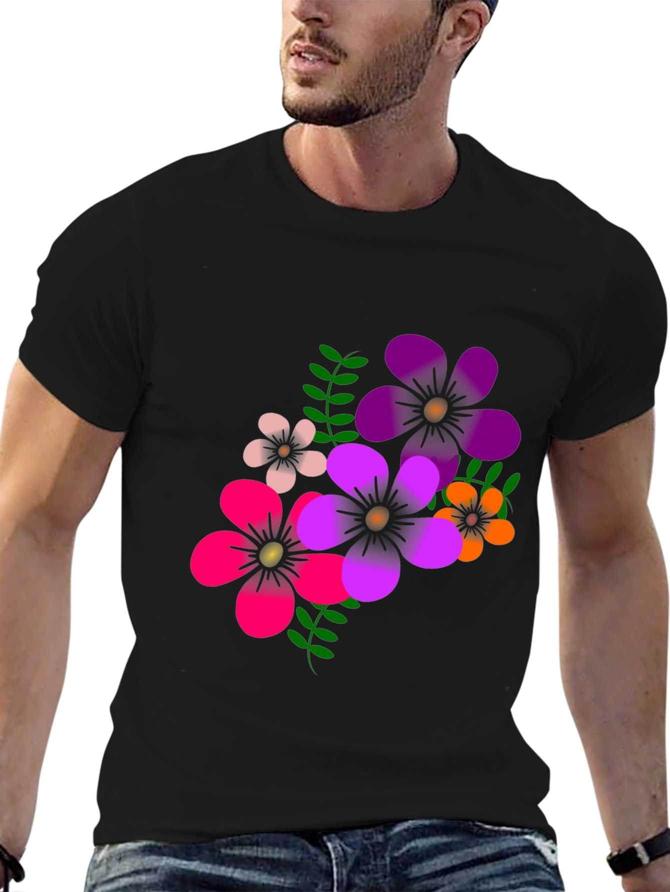 Floral Graphic Print T-Shirt - Casual Black Tee